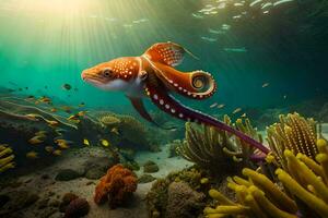 an octopus swims over a coral reef. AI-Generated photo