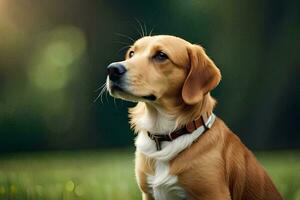 a dog sitting in the grass looking up. AI-Generated photo