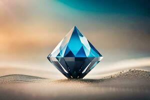 un diamante conformado objeto sentado en el arena. generado por ai foto