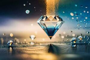 a diamond is floating in the water with drops of water. AI-Generated photo