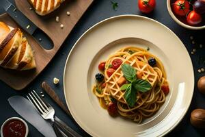 pasta with tomato sauce and bread on a plate. AI-Generated photo