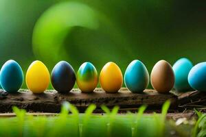 colorful easter eggs are lined up in a row. AI-Generated photo