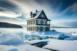 un casa se sienta en parte superior de un hielo témpano de hielo. generado por ai foto
