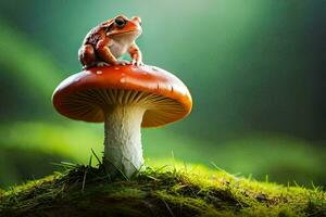 a frog sits on top of a mushroom. AI-Generated photo