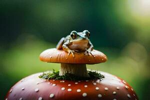 a frog sits on top of a mushroom. AI-Generated photo