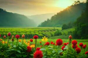 flores en un campo a puesta de sol con montañas en el antecedentes. generado por ai foto