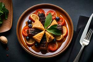 a plate with food on it and a fork. AI-Generated photo
