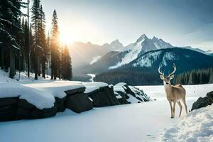a deer stands in the snow in front of a mountain. AI-Generated photo