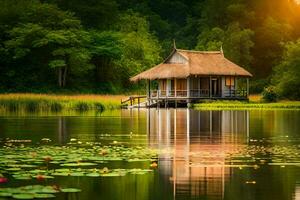 a hut sits on the edge of a lake surrounded by water lilies. AI-Generated photo