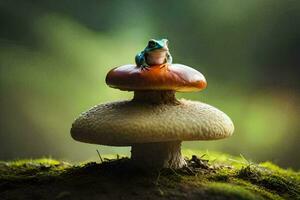 a frog sits on top of a mushroom. AI-Generated photo