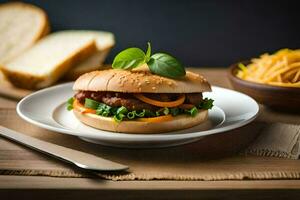 un hamburguesa con vegetales y un pan en un lámina. generado por ai foto