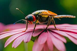 a bee on a pink flower with a green background. AI-Generated photo