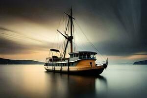 un barco es flotante en el agua a puesta de sol. generado por ai foto