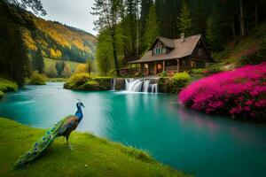 beautiful peacock in front of a cabin by the river. AI-Generated photo