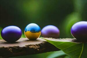 Tres púrpura y azul pelotas en un rama. generado por ai foto