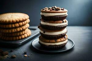 a stack of cupcakes with frosting and cookies. AI-Generated photo