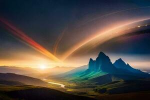 an alien planet and mountains in the sky. AI-Generated photo