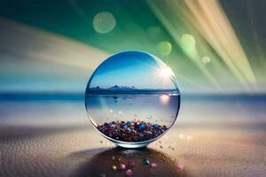 a glass ball with sand and water on the beach. AI-Generated photo