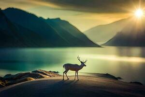 photo wallpaper the sky, mountains, lake, deer, the sun, the mountains, nature,. AI-Generated
