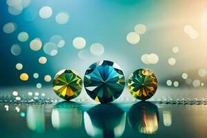 three diamond stones on a shiny surface. AI-Generated photo