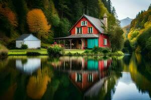 un rojo casa se sienta en el borde de un lago. generado por ai foto