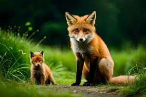 a mother fox and her cub in the forest. AI-Generated photo