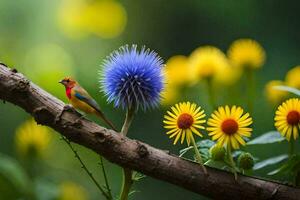 a bird sits on a branch with yellow flowers. AI-Generated photo