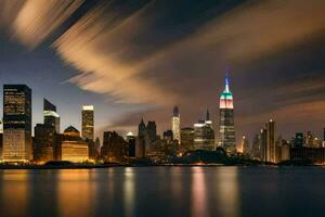 el ciudad horizonte a noche con un largo exposición. generado por ai foto