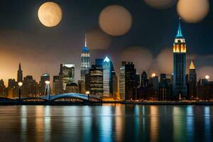 the moon is shining over the new york skyline. AI-Generated photo