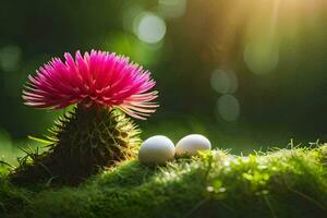two eggs on the grass with a thistle flower. AI-Generated photo