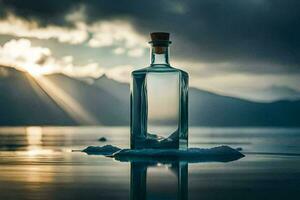 a bottle of water sits on the water with mountains in the background. AI-Generated photo