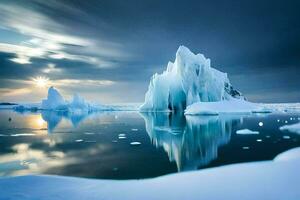 icebergs are floating in the water with a cloudy sky. AI-Generated photo