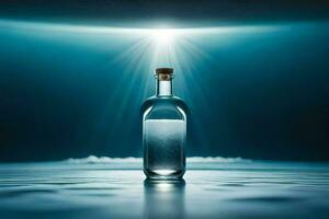 a bottle of water in the dark with a light shining through it. AI-Generated photo