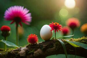 an egg is sitting on a branch with flowers. AI-Generated photo