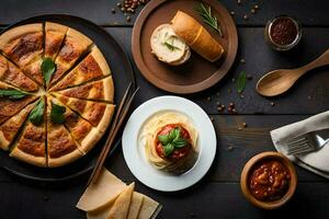 a pizza, pasta and sauce on a wooden table. AI-Generated photo