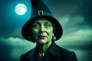 un más viejo mujer en un bruja sombrero y verde constituir. generado por ai foto