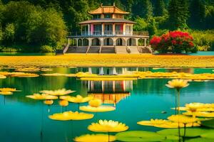 a pagoda sits on the edge of a lake surrounded by yellow lotus flowers. AI-Generated photo