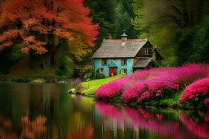 colorful house on the lake with colorful flowers. AI-Generated photo