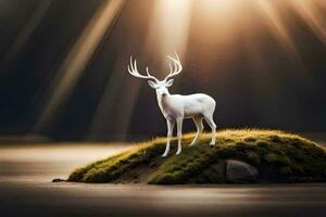 a white deer stands on a small island in the water. AI-Generated photo