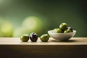 olives in a bowl on a wooden table. AI-Generated photo