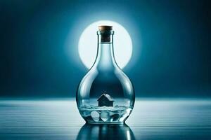 a bottle with a house inside of it on a table. AI-Generated photo