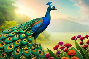 a peacock is standing on a field with flowers. AI-Generated photo