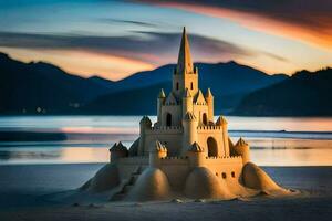 a sand castle on the beach at sunset. AI-Generated photo