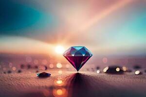 a diamond is sitting on the sand with water droplets. AI-Generated photo