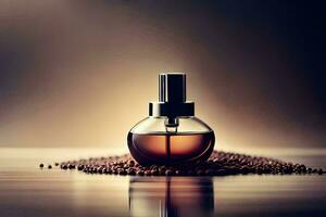 a bottle of perfume sitting on top of a table with coffee beans. AI-Generated photo