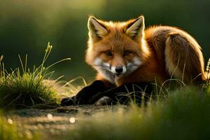 a red fox sitting in the grass. AI-Generated photo