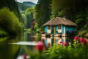 a small house sits on the edge of a lake. AI-Generated photo