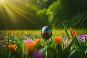 el Pascua de Resurrección huevo en el campo. generado por ai foto