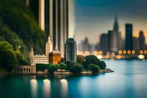 un miniatura ciudad es visto en el distancia por el agua. generado por ai foto