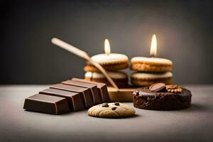 chocolate and cookies with candles on a table. AI-Generated photo